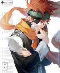 artist_name brown_hair character_name copyright_name d.gray-man ekita_kuro eyepatch green_eyes grin headband lavi looking_at_viewer male_focus orange_scarf scarf smile uniform upper_body