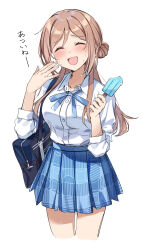 Rule 34 | 1girl, absurdres, bag, blue ribbon, blue skirt, blush, breasts, brown hair, closed eyes, food, gakuen idolmaster, hachiroku (hatirokusann86), hair bun, highres, himesaki rinami, holding, holding food, holding popsicle, idolmaster, large breasts, long hair, long sleeves, looking at viewer, melting popsicle, neck ribbon, open mouth, pleated skirt, popsicle, ribbon, school uniform, shirt, shoulder bag, side up bun, simple background, single side bun, skirt, smile, solo, sweat, sweatdrop, white background, white shirt