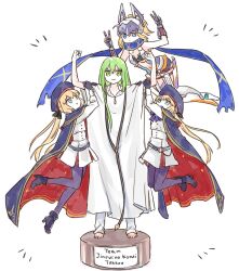 1other 3girls androgynous artoria_caster_(fate) artoria_caster_(second_ascension)_(fate) artoria_pendragon_(fate) barefoot beret black_boots black_cape black_hat black_pantyhose blonde_hair blue_eyes boots breasts cape commentary_request dress dual_persona enkidu_(fate) fate/grand_order fate_(series) flexing floating green_eyes green_hair hat helmet highres himeko_(nico6v6pachi) multiple_girls mysterious_heroine_xx_(fate) mysterious_heroine_xx_(second_ascension)_(fate) navel pantyhose robe short_dress small_breasts twintails two-sided_cape two-sided_fabric white_dress white_robe