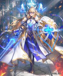 1girl armor armored_dress black_footwear blonde_hair blue_eyes boots breasts commentary_request company_name dress fire floating_headgear from_below full_body hair_ribbon headgear headpiece high_ponytail highres holding holding_shield holding_sword holding_weapon holy_saber_(shadowverse) indoors knight large_breasts light_particles light_rays long_dress long_hair looking_at_viewer magic multicolored_clothes official_art okada_manabi ponytail ribbon shadowverse shield shoulder_armor side_slit standing star-shaped_pupils star_(symbol) sword symbol-shaped_pupils thigh_boots unworn_headgear walking weapon white_dress