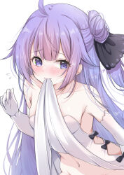 1girl ahoge azur_lane bare_shoulders blush breasts clothes_lift dress dress_lift elbow_gloves gloves hair_bun highres long_hair looking_at_viewer medium_breasts mikuchi3939 navel one_side_up purple_eyes purple_hair ribbon single_hair_bun single_side_bun solo stomach unicorn_(azur_lane) very_long_hair white_dress white_gloves