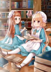 Rule 34 | 2girls, :o, apron, blonde hair, blush, book, book stack, bookshelf, brown eyes, brown hair, brown shoes, closed mouth, commentary request, duster, futaba anzu, hat, holding, holding book, ichihara nina, idolmaster, idolmaster cinderella girls, idolmaster cinderella girls starlight stage, indoors, long hair, long sleeves, low twintails, maid, maid apron, mob cap, multiple girls, on floor, open book, pantyhose, parted lips, rino cnc, shoe soles, shoes, sitting, twintails, very long hair, white apron, white hat, white pantyhose