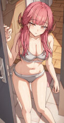 1girl absurdres aru_(blue_archive) blue_archive blush bra breasts cleavage clothing_cutout collarbone commentary_request commission demon_girl demon_horns doorway grey_bra grey_panties highres horns indoors large_breasts long_hair looking_at_viewer mimma_ring_(nobuyueli) navel open_door orange_eyes panties pink_hair pixiv_commission pov_doorway solo standing stomach sweat thighs underboob underboob_cutout underwear