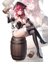1girl aile_(crossroads) apron barrel beer_mug bikini black_boots black_corset boots breasts cleavage commentary_request corset crossed_legs cup detached_sleeves goddess_of_victory:_nikke hat high_heel_boots high_heels highres large_breasts long_hair maid maid_apron maid_bikini mast_(nikke) mast_(romantic_maid)_(nikke) mug official_alternate_costume pink_hair pirate_hat sitting sitting_on_object solo swimsuit sword thighs unconventional_maid weapon white_apron zoom_layer