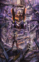 10s 1girl animal_hat bident blue_eyes building cat_hat eva_02 evangelion:_3.0_you_can_(not)_redo eyepatch hat holding holding_weapon jacket lance_of_longinus_(evangelion) long_hair mecha_pilot_suit neon_genesis_evangelion orange_hair outdoors plugsuit_(evangelion) polearm rebuild_of_evangelion red_ribbon ribbon ruins sonidoriy souryuu_asuka_langley standing weapon wire