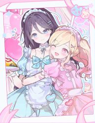 Rule 34 | 0202ase, 2girls, ;d, absurdres, alternate costume, apron, balloon, bandaid, bandaid on arm, black hair, blonde hair, blue bow, blue dress, blue eyes, bow, breasts, character name, choker, double-parted bangs, dress, dress bow, enmaided, food, frilled apron, frilled choker, frills, gradient hair, hair between eyes, hair intakes, hair ornament, hairclip, hand up, heart balloon, highres, holding, holding tray, hoshino ichika (project sekai), hug, inset border, long hair, long sidelocks, looking at viewer, looking back, maid, maid apron, maid headdress, multicolored hair, multiple girls, omelet, omurice, one eye closed, open mouth, outline, parted bangs, photo (object), pink dress, pink eyes, pink hair, project sekai, puffy short sleeves, puffy sleeves, short sleeves, sidelocks, small breasts, smile, tenma saki, tray, twintails, white apron, white choker, white outline, yuri