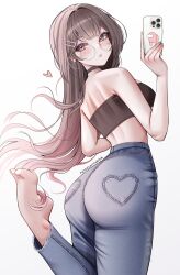 1girl absurdres ass barefoot black_choker black_tube_top breasts brown_hair cellphone chaisia_art choker commentary crewmate_(among_us) english_commentary eyelashes glasses grey_eyes heart highres holding holding_phone median_furrow michi_(chaisia_art) original paid_reward_available pants patreon_username phone round_eyewear shoulder_blades smartphone solo strapless tube_top