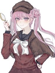 1girl closed_mouth deerstalker female_focus hand_on_own_hip hand_up hat highres holding holding_magnifying_glass long_hair long_sleeves looking_at_viewer magnifying_glass matching_hair/eyes pink_eyes pink_hair simple_background smile solo the_hundred_line_-last_defense_academy- tsukumo_kako twintails upper_body white_background