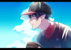 1boy adam&#039;s_apple akago_r alternate_costume baseball_cap baseball_glove baseball_uniform black_hair black_horns black_shirt blue_eyes cloud commentary_request earrings from_side hat highres horns jewelry layered_clothes letterboxed male_focus multiple_earrings nijisanji nijisanji_en parted_lips pointy_ears profile red_shirt ren_zotto shirt short_hair sky smile solo sportswear stud_earrings virtual_youtuber