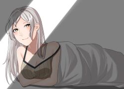 1girl alternate_hairstyle ao_saryaruhu armpit_crease bare_arms bare_shoulders bed_sheet blush breasts brown_eyes cleavage collarbone crossed_arms eyelashes female_focus fire_emblem fire_emblem_awakening hair_down happy highres indoors long_hair looking_at_viewer lying medium_breasts morning neck no_coat off-shoulder_shirt off_shoulder on_side robin_(female)_(fire_emblem) robin_(fire_emblem) shirt sidelocks sleeveless sleeveless_shirt strap_slip swept_bangs white_hair