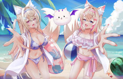 1other 2girls absurdres animal_ear_fluff animal_ears aoba_takeru ball beach beachball bikini blonde_hair blue_eyes blue_nails blush breasts cleavage collarbone feet_out_of_frame food front-tie_bikini_top front-tie_top fruit fuwawa_abyssgard hair_between_eyes hair_ornament highres holding holding_ball holding_beachball holding_swim_ring hololive hololive_english innertube jacket large_breasts long_hair looking_at_viewer mococo_abyssgard multiple_girls navel open_mouth pink_eyes pink_nails reaching reaching_towards_viewer sarong short_hair side-tie_bikini_bottom smile stomach swim_ring swimsuit virtual_youtuber watermelon
