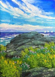 blue_sky boat cloud cloudy_sky commentary english_commentary flower gouache_(medium) highres horizon kate_avery maine no_humans ocean original outdoors painting_(medium) pink_flower plant sailboat scenery sky traditional_media watercraft