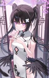 1girl asashin_(asn) bare_arms bare_shoulders black_hair blue_eyes china_dress chinese_clothes dress hair_ribbon highres looking_at_viewer original panties ribbon side-tie_panties steepled_fingers twintails underwear wings