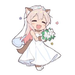 1girl :3 :d absurdres animal_ear_fluff animal_ears animal_feet animal_hands artist_name bare_arms bare_shoulders blush_stickers bouquet bridal_veil bride chibi chibi_only closed_eyes commentary_request dress fang flower full_body highres holding holding_bouquet long_hair matado_(almukha) onii-chan_wa_oshimai! open_mouth oyama_mahiro pink_hair simple_background smile solo strapless strapless_dress tail twitter_username veil wedding_dress white_background white_dress