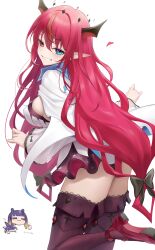 2girls absurdres ass black_bow black_panties blue_eyes bow breasts cloak commentary detached_sleeves dress english_commentary enigmatic_recollection from_behind grin hair_bow halo heterochromia highres hololive hololive_english horns irys_(hololive) irys_(irys_2.0)_(hololive) large_breasts long_hair looking_at_viewer low-tied_long_hair miniskirt multiple_girls ninomae_ina&#039;nis paid_reward_available panties panty_peek pointy_ears purple_eyes purple_skirt purple_thighhighs red_hair red_shoes shoes short_dress sideboob simple_background skirt skirt_under_dress smile solo_focus somebody_(leiking00) star-shaped_pupils star_(symbol) strappy_heels symbol-shaped_pupils tentacles thighhighs underwear very_long_hair virtual_youtuber white_background white_cloak white_dress white_sleeves