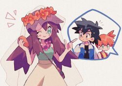 1boy 2girls ash_ketchum black_hair black_shirt blue_shirt brown_hair closed_mouth collared_shirt flower food gen_1_pokemon gloves hair_flower hair_ornament hair_tie high_ponytail holding holding_food jealous long_hair melody_(pokemon) mgomurainu misty_(pokemon) multiple_girls nintendo one_eye_closed orange_hair pokémon_the_movie:_the_power_of_one pokemon pokemon_(anime) pokemon_(classic_anime) pokemon_the_movie_2000:_the_power_of_one ponytail shirt short_hair short_ponytail short_shorts short_sleeves shorts skirt sleeveless sleeveless_shirt smile suspenders twintails wink yellow_shirt