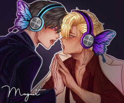blonde_hair bug butterfly commission grey_hair headphones imminent_kiss insect male_focus male_hand mortem__00 palms_together tagme