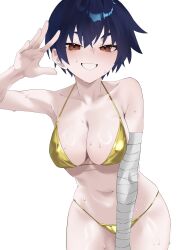 1girl arril100 bandaged_arm bandages bikini breasts cleavage collarbone commentary english_commentary gold_bikini highres kanbaru_suruga large_breasts looking_at_viewer monogatari_(series) navel orange_eyes purple_hair short_hair simple_background solo stomach sweat swimsuit thighs white_background