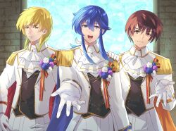 3boys :d alternate_costume ares_(fire_emblem) ascot black_vest blonde_hair blue_cape blue_hair boutonniere brick_wall buttons cape closed_mouth collared_jacket cowboy_shot double-breasted epaulettes fire_emblem fire_emblem:_genealogy_of_the_holy_war fire_emblem_heroes grin hair_between_eyes hair_ribbon hand_on_another&#039;s_shoulder hands_on_own_hips highres jacket leif_(fire_emblem) light_particles long_hair looking_at_viewer low_ponytail male_focus medium_hair multiple_boys nintendo official_alternate_costume open_mouth orange_cape outstretched_arm outstretched_hand pants ponytail red_cape ribbon riou_(pooh920) seliph_(fire_emblem) seliph_(light&#039;s_legacy)_(fire_emblem) short_hair sidelocks smile v-shaped_eyebrows vest white_ascot white_jacket white_pants white_ribbon yellow_eyes
