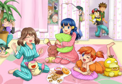 3girls 6+boys ash_ketchum black_hair blue_eyes blue_hair brock_(pokemon) brown_hair buneary child conway_(pokemon) dawn_(pokemon) donut drew_(pokemon) food gen_1_pokemon gen_3_pokemon gen_4_pokemon green_hair hat kenny_(pokemon) max_(pokemon) may_(pokemon) misty_(pokemon) multiple_boys multiple_girls nintendo orange_hair paul_(pokemon) pikachu pokemon pokemon_(anime) pokemon_(creature) psyduck purple_hair skitty