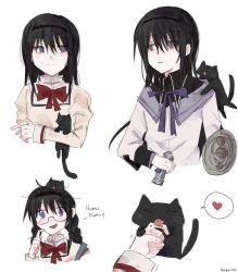 Rule 34 | aayoii 00, akemi homura, akemi homura (magical girl), amy (madoka magica), animal, animal on head, black hair, bomb, bow, bowtie, cat, explosive, glasses, heart, highres, long hair, magical girl, mahou shoujo madoka magica, mitakihara school uniform, on head, pipe bomb, purple eyes, red-framed eyewear, school uniform, semi-rimless eyewear, speech bubble