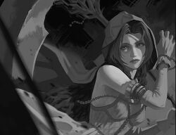 1girl aerith_gainsborough bare_shoulders beads blurry blurry_foreground breasts closed_mouth death_(entity) dress elbow_gloves final_fantasy final_fantasy_vii final_fantasy_vii_rebirth final_fantasy_vii_remake gloves greyscale grim_reaper holding holding_scythe holding_weapon jeseni long_hair medium_breasts monochrome parted_bangs scythe sidelocks sleeveless sleeveless_dress solo upper_body weapon