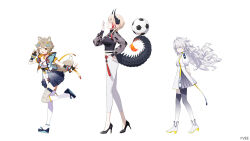 3girls ameniwa_yae animal_ears asymmetrical_legwear ball dog_ears dragon_girl dragon_horns dragon_tail dress full_body geppaku_lui horns kokuyou_lira light_brown_hair mismatched_legwear multicolored_hair multiple_girls open_mouth red_hair short_sleeves siino smile soccer_ball tail vee_(vtuber) virtual_youtuber white_dress white_hair