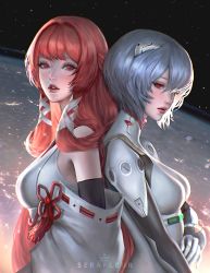 Rule 34 | 2girls, artist name, ayanami rei, back-to-back, blue hair, breasts, commentary, crossover, dragon raja, english commentary, hair between eyes, hair intakes, hair ribbon, highres, interface headset (evangelion), long hair, mecha pilot suit, medium breasts, medium hair, multiple girls, neon genesis evangelion, parted lips, plugsuit (evangelion), red eyes, red hair, ribbon, serafleur, sky, star (sky), starry sky, uesugi erii, white ribbon