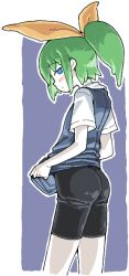 1girl ass bike_shorts black_shorts blue_background blue_eyes blue_vest blush bow closed_mouth colored_skin cookie_(touhou) cowboy_shot daiyousei diyusi_(cookie) expressionless green_hair hair_bow high_ponytail looking_at_viewer looking_back man_(man-room) ponytail shirt short_hair shorts solo touhou two-tone_background unusually_open_eyes vest white_shirt white_skin yellow_bow