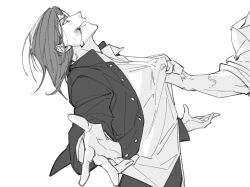 2boys absurdres bleeding blood blood_on_face bruise bruise_on_face clothes_grab collared_shirt gakuran greyscale grin hands_up highres injury jacket long_sleeves looking_at_another male_focus monochrome multiple_boys pants pulling_another&#039;s_clothes ryuuen_kakeru school_uniform shirt shirt_grab short_hair sleeves_rolled_up smile smirk solo_focus upper_body veins veiny_arms yizhongziwei youkoso_jitsuryoku_shijou_shugi_no_kyoushitsu_e