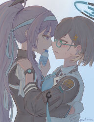 2girls absurdres aqua_eyes black_jacket blue_archive blue_background blue_gloves blue_hairband blush bottle chihiro_(blue_archive) collared_shirt commentary english_commentary glasses gloves gradient_background grey_hair hair_ornament hairband halo hand_on_another&#039;s_waist highres holding holding_bottle hug jacket long_hair medal_(baowaannnn) multiple_girls parted_lips ponytail purple_background purple_eyes purple_hair semi-rimless_eyewear shirt short_hair sweat textless_version under-rim_eyewear utaha_(blue_archive) yuri