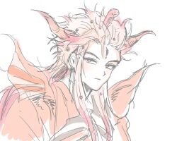 1boy armor baby_ff_4 blonde_hair closed_mouth emperor_(ff2) eyeshadow facial_mark final_fantasy final_fantasy_ii forehead_mark hair_ornament horns long_hair makeup male_focus purple_eyeshadow shoulder_armor sidelocks sketch snake_hair_ornament solo upper_body white_background