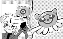 Rule 34 | blush, circle, closed eyes, digimon, digimon (creature), digimon ghost game, fang, floating, higashimitarai kiyoshiro, highres, hug, jellyfish, jellyfish girl, jellymon, juglans, looking at viewer, monster girl, open mouth, short hair, star (symbol), tentacle hair, tentacles