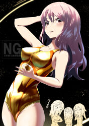 4girls alice_gear_aegis breasts gold_one-piece_swimsuit highres hirasaka_yotsuyu kaneshiya_sitara long_hair momoshina_fumika multiple_girls one-piece_swimsuit pink_eyes pink_hair ruri_(pixky4323) swimsuit yotsuya_yumi