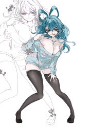 Rule 34 | 1girl, absurdres, bare shoulders, bent over, black shoes, black thighhighs, blood, blood on face, blue eyes, blue hair, blue shirt, breasts, cleavage, closed mouth, collarbone, floral print, full body, hair between eyes, hand on own thigh, highres, kaku seiga, large breasts, long hair, long sleeves, looking at viewer, mole, mole on thigh, odenmarket, off-shoulder shirt, off shoulder, shirt, shoes, smile, solo, thighhighs, touhou, v, white background