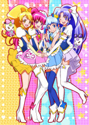 10s 4girls ;d absurdres aino_megumi amawa_kazuhiro ankle_boots blonde_hair blue_eyes blue_hair blue_skirt blue_thighhighs blush boots bow brooch choker crown cure_fortune cure_honey cure_lovely cure_princess earrings gold_crown gurasan_(happinesscharge_precure!) hair_ornament hair_ribbon happinesscharge_precure! heart heart_brooch heart_hair_ornament highres hikawa_iona jewelry knee_boots long_hair looking_at_viewer magical_girl multiple_girls one_eye_closed oomori_yuuko open_mouth pink_bow pink_eyes pink_hair pink_skirt ponytail precure purple_eyes purple_hair ribbon ribbon_(happinesscharge_precure!) shirayuki_hime skirt smile thigh_boots thighhighs twintails white_footwear white_legwear wide_ponytail wrist_cuffs yellow_eyes zettai_ryouiki