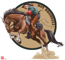 Rule 34 | 1boy, character name, cowboy, cowboy hat, edaki shin&#039;ya, english text, hat, horse, justice gakuen, male focus, official art, roy bromwell, solo, cowboy western