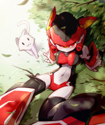 1girl :3 bingshan black_thighhighs blush branch breasts bush cat from_above helmet humanoid_robot leaf leaf_on_head looking_at_viewer magic_henshin mecha_musume navel red_eyes robot robot_ears scarlet_sonic solo thighhighs wheel white_cat