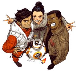 1girl 2boys bb-8 dark_skin double_v finn_(star_wars) fire jacket kotteri looking_at_viewer multiple_boys poe_dameron rey_(star_wars) robot smile star_wars v