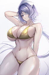 1girl absurdres alternate_costume arknights arm_behind_head arm_up bikini breasts cleavage commentary_request cowboy_shot eyepatch gold_bikini hair_ornament hat highres large_breasts long_hair looking_at_viewer navel nurse_cap open_mouth poni_(poni_arknights) purple_eyes purple_hair shiny_skin simple_background solo stomach swimsuit thick_thighs thighs whisperain_(arknights) white_background white_hat x_hair_ornament