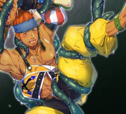 1boy abs armpits arms_up bara belt black_gloves black_pants blush brown_belt chaps dark_skin entangled final_fantasy final_fantasy_x fingerless_gloves gloves green_footwear headband jewelry looking_at_viewer male_focus muscular muscular_male necklace open_mouth orange_hair pants pectorals short_hair simple_background single_glove slimy tamagokake_shio tentacles wakka