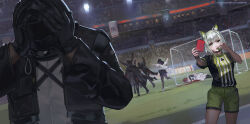 1other 3girls 4boys alternate_costume animal_ear_fluff animal_ears arknights black_gloves black_jacket black_shirt blood blood_splatter blowing_whistle cat_ears closed_mouth doctor_(arknights) gloves green_eyes green_shorts grey_hair hands_on_own_head highres holding holding_whistle hood hood_up hooded_jacket jacket kal&#039;tsit_(arknights) looking_at_viewer multiple_boys multiple_girls open_clothes open_jacket patrikeyevna priestess_(arknights) red_card shirt short_hair shorts soccer soccer_field stadium theresa_(arknights) whistle white_shirt wide_shot