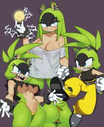 1girl alternate_breast_size animal_ear_piercing animal_ears animal_nose ass baggy_pants bare_shoulders belt black_belt black_shirt blue_eyes body_fur bracelet breasts cameltoe cleft_of_venus electricity electrokinesis eyelashes flowerpigeon furry furry_female gloves glowing glowing_eyes green_fur green_hair grin half-closed_eyes highres holding holding_light_bulb jewelry large_breasts leg_up light_blush light_bulb long_hair multiple_rings multiple_views naked_shirt navel no_pants off-shoulder_shirt off_shoulder official_alternate_costume official_alternate_hairstyle open_mouth oversized_clothes oversized_shirt panties pants parted_lips pussy ring see-through_clothes see-through_silhouette sharp_teeth shirt shirt_overhang shoes short_tail sleeveless sleeveless_shirt smile sonic_(series) sonic_the_hedgehog_(idw) spiked_bracelet spikes surge_the_tenrec tail tearing_up teeth tenrec_girl thong torn_clothes torn_shirt torn_sleeves underboob underwear v-shaped_eyes white_gloves yellow_panties yellow_pants yellow_shoes