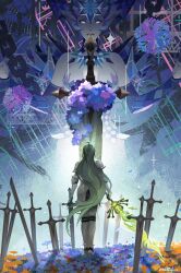 Rule 34 | 2girls, afk (series), afk journey, ahoge, armor, artist name, bare shoulders, blue arm warmers, blue eyeshadow, blue flower, breasts, chain, couter, cryonaia (afk), demon, detached collar, energy sword, eyeshadow, field, flower, flower bed, flower field, from behind, graveyard, greatsword, green hair, highres, holding, holding sword, holding weapon, ice, large breasts, long hair, looking at viewer, makeup, molli hu, multiple girls, orange flower, planted, planted sword, planted weapon, purple flower, rerebrace, ringed eyes, shoulder armor, snowflakes, sparkle, standing, sword, undead, valka (afk), vambraces, weapon, white eyes