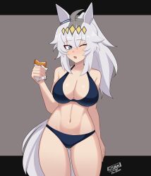 1girl absurdres ahoge alternate_costume animal_ears artist_logo artist_name bare_shoulders bikini black_bikini blush breasts cleavage commentary ear_ornament english_commentary food gluteal_fold grey_background grey_hair hair_between_eyes hair_ornament highres holding holding_food horse_ears horse_girl horse_tail julian_belkan large_breasts logo multicolored_hair navel oguri_cap_(umamusume) one_eye_closed open_mouth outside_border ponytail solo stomach streaked_hair swimsuit tail umamusume white_hair