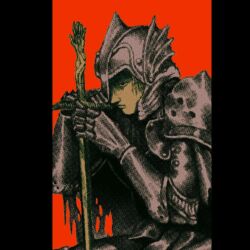Rule 34 | 1boy, armor, cape, full armor, gauntlets, helmet, highres, knight, lips, original, plastiboo, red background, shoulder armor, solo, sword, weapon