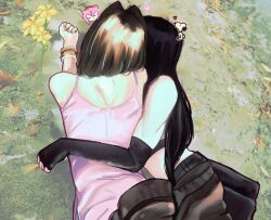 Rule 34 | 2girls, aerith gainsborough, amy rose, arm around waist, bangle, black gloves, black hair, bracelet, brown hair, dress, final fantasy, final fantasy vii, final fantasy vii remake, fingerless gloves, from behind, gloves, heart, highres, hug, jewelry, long hair, lying, multiple girls, on ground, on stomach, pink dress, sephirothhrt, snoopy, tifa lockhart, yuri