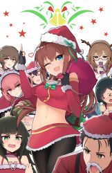 &gt;_&lt; 3boys 6+girls :o absurdres akiha_rumiho amane_suzuha black_gloves black_hair black_pantyhose blue_eyes blush brown_eyes christmas closed_eyes closed_mouth crop_top facing_viewer fake_facial_hair fake_mustache fingerless_gloves glasses gloves green_eyes hashida_itaru heart highres hiyajou_maho kiryuu_moeka looking_at_viewer makise_kurisu multiple_boys multiple_girls navel okabe_rintarou one_eye_closed open_mouth pantyhose pink_eyes pink_hair santa_costume semi-rimless_eyewear shiina_mayuri sleepy_frippy smile steins;gate steins;gate_0 under-rim_eyewear urushibara_ruka