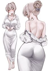 1girl absurdres ass back bare_shoulders barefoot blue_eyes blush breasts cleavage collarbone commentary_request feet from_behind full_body gwan-e hair_bun highres large_breasts long_sleeves looking_at_viewer looking_back multiple_views off_shoulder original parted_lips sidelocks simple_background smile standing toes tsukasa_erin_(gwan-e) white_background