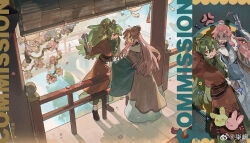 2girls absurdres angry aqua_eyes architecture banbi cheek_pinching chinese_clothes commission copyright_request east_asian_architecture falling_petals fence flower fur_trim green_hair hanfu highres long_hair long_sleeves multiple_girls petals pinching pink_flower pink_hair plum_blossoms ponytail qi_shima red_eyes red_hanfu scroll tassel wide_sleeves yuanlingpao